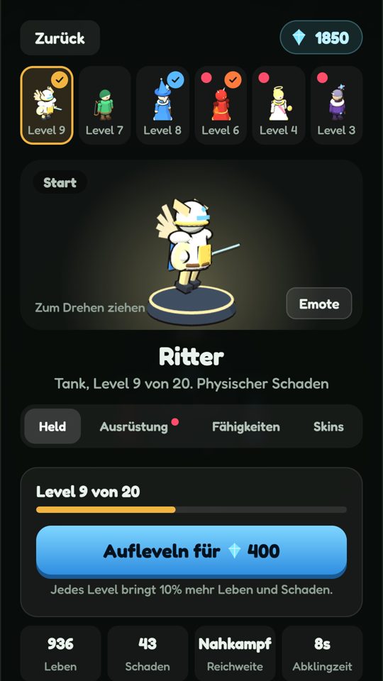 Heldenbildschirm mit dem Ritter