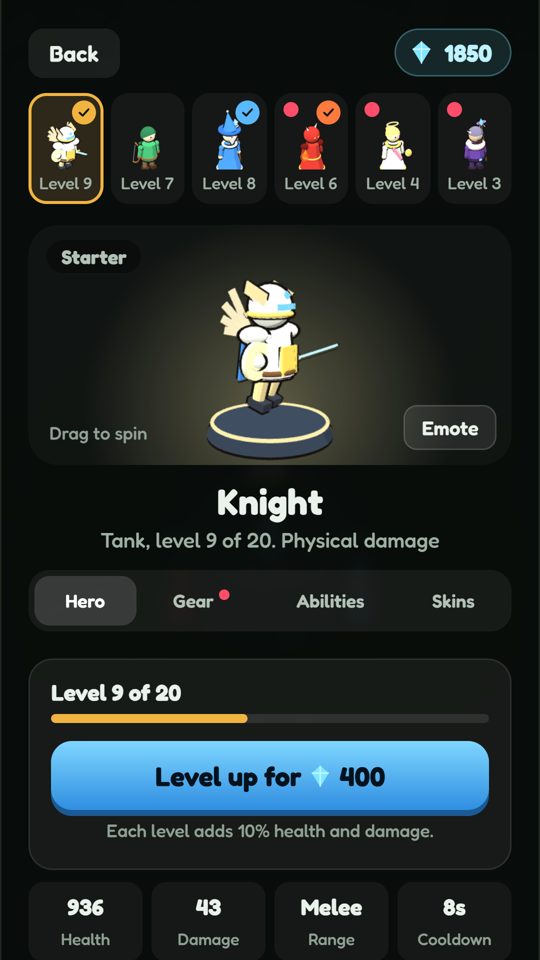 Heroes screen with the Knight
